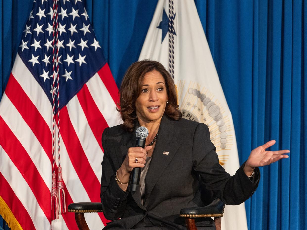 Vice President Harris joins NARAL Pro-Choice America President, Mini Timmaraju and Groundswell Fund Senior Capacity Building Director, Julieta Garibay for a moderated discussion on reproductive rights at LBJ Presidential Library on October 08, 2022 in Austin, Texas.