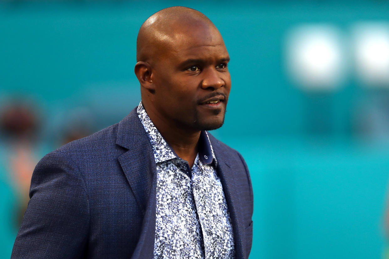 MIAMI GARDENS, FLORIDA - OCTOBER 23: Former Head Coach Brian Flores of the Miami Dolphins on the field prior to the game against the Pittsburgh Steelers at Hard Rock Stadium on October 23, 2022 in Miami Gardens, Florida. (Photo by Megan Briggs/Getty Images)