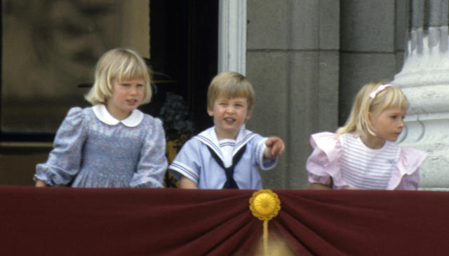 Zara Phillips, Prince William and Lady Davina Windsor on the balcony of Buckingham Palace at Trooping the Colour in 1985