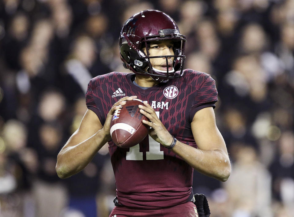 Oct 28, 2017; College Station, TX; Texas A&M Aggies quarterback Kellen Mond (11) drops back to pass in the fourth quarter against the Mississippi State Bulldogs at Kyle Field. John Glaser-USA TODAY Sports