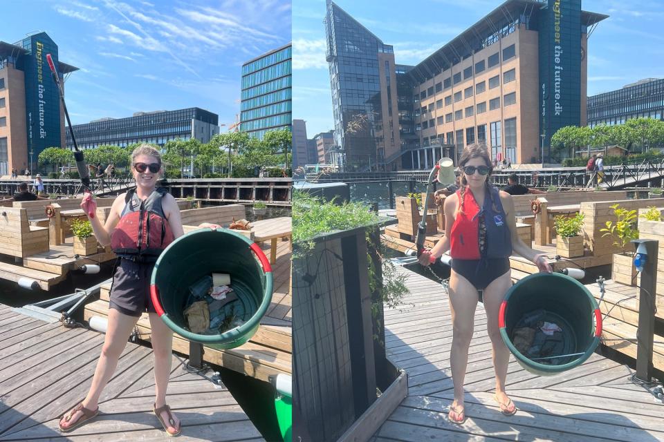 A split image shows two women holding up a litter picker and trash bucket while wearing life jackets.