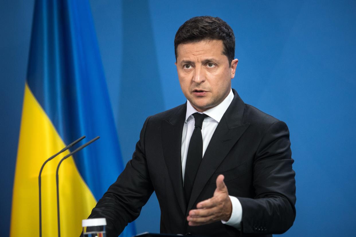 Ukrainian President Volodymyr Zelensky and the German Chancellor (not pictured) give statements ahead of talks at the Chancellery on 12 July 2021 in Berlin , Germany.  (Getty Images)