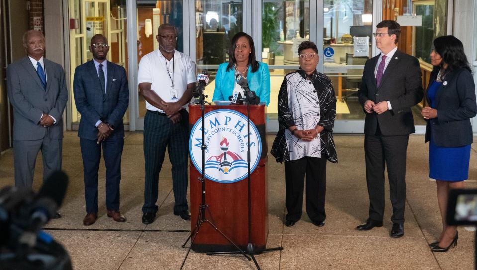 Memphis-Shelby County Schools Board Chair Michelle McKissack speaks during a press conference following a Memphis-Shelby County Schools board special called meeting Tuesday, Aug. 23, 2022, in Memphis. During the meeting, the board accepted Superintendent Joris Ray’s resignation 8-0. Ray was under investigation concerning "allegations of impropriety.”