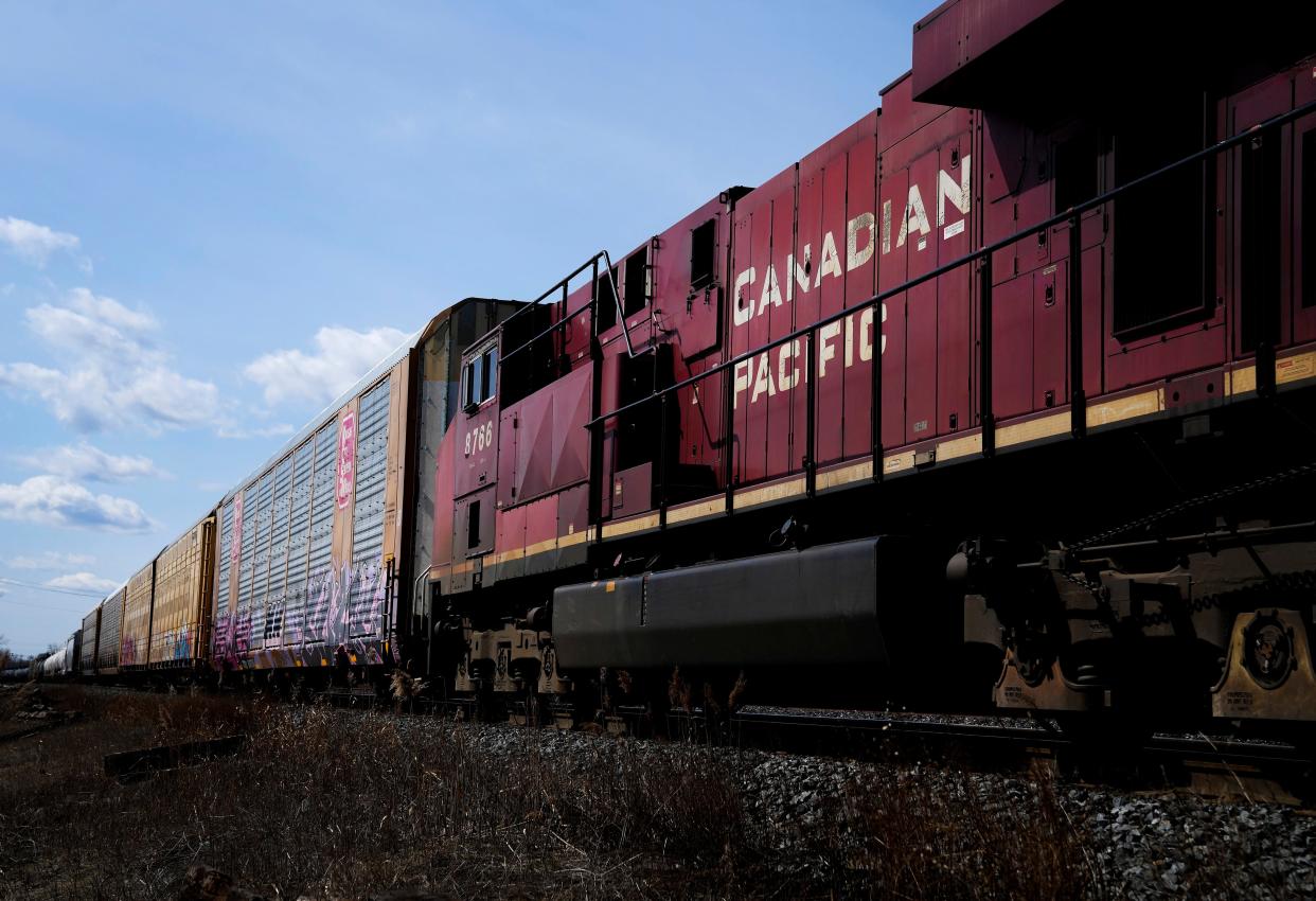 This file photos shows Canadian Pacific trains parked at the main CP Rail train yard in Toronto, March 21, 2022. CSX and CPKC railroads announced a deal Wednesday, June 28, 2023, that will allow them to beef up a little-used connection between their two networks in the southeastern United States to handle a significant amount of freight.