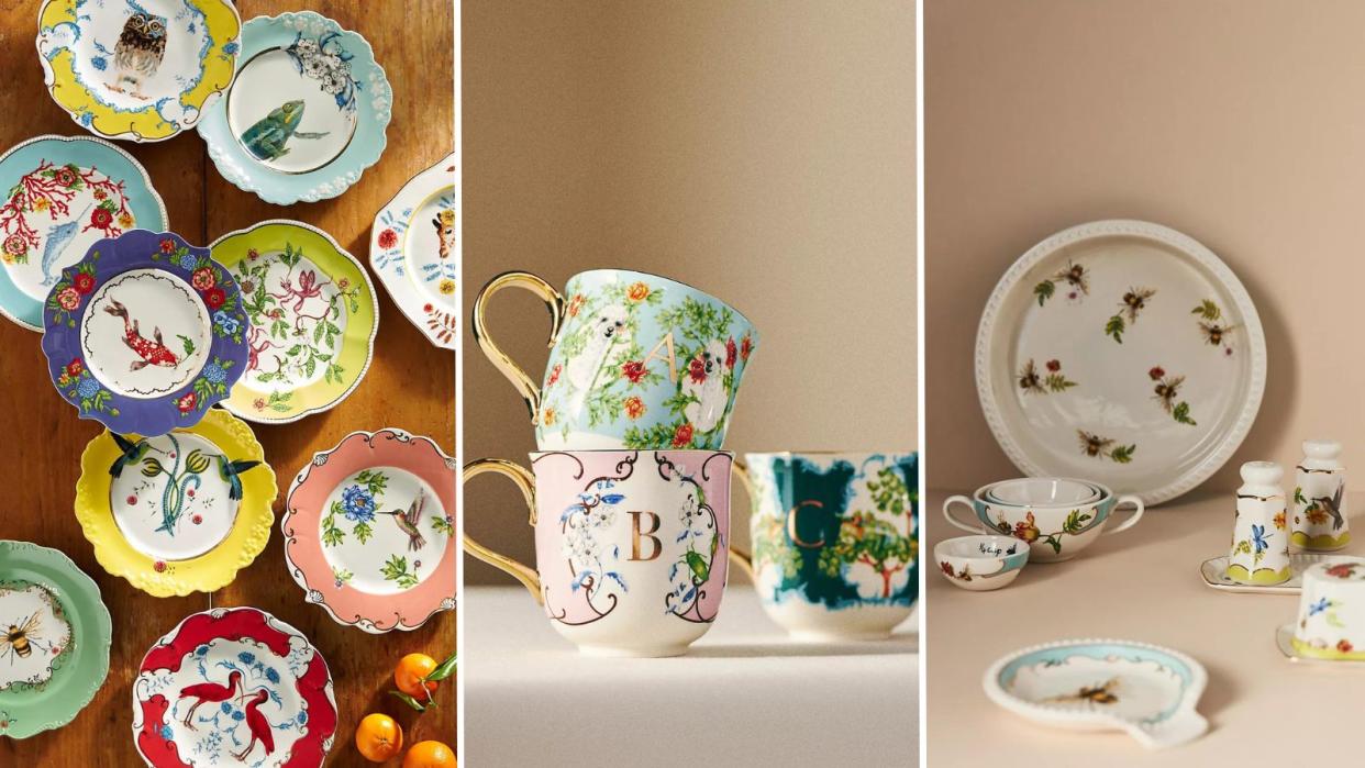  Lou Rota's kitchen collection from Anthropologie with natured-inspired themes, including floral dishes, mugs with bugs and animals, and similar bakeware. 