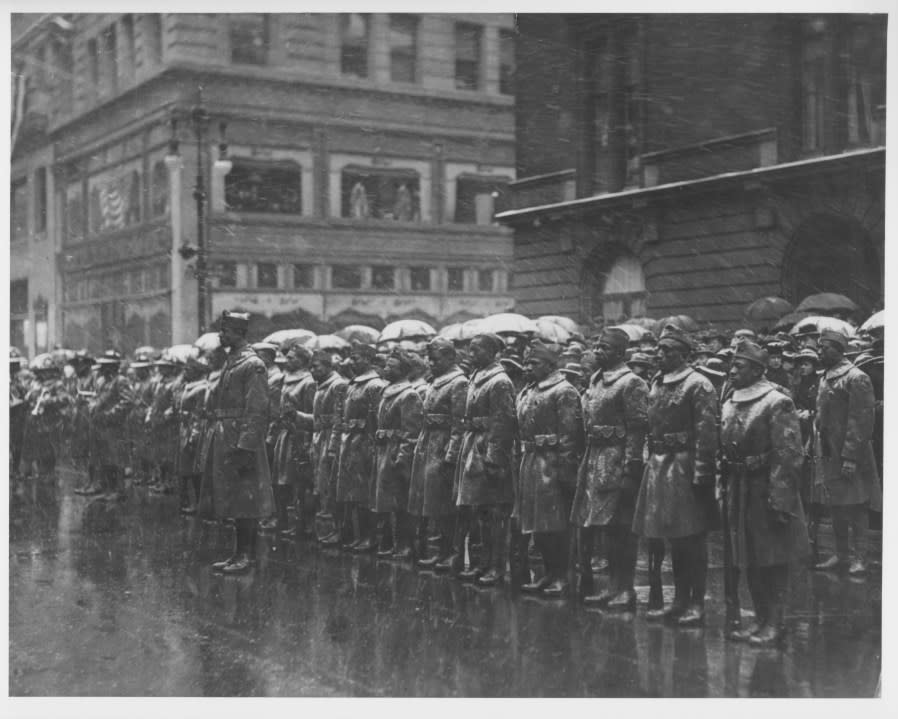 African American ‘Buffalo Soldiers’, of the 92nd Infantry Division, in a victory parade on 5th Avenue following World War One, New York City, USA, circa 1918-1919. (Photo by European/FPG/Getty Images)