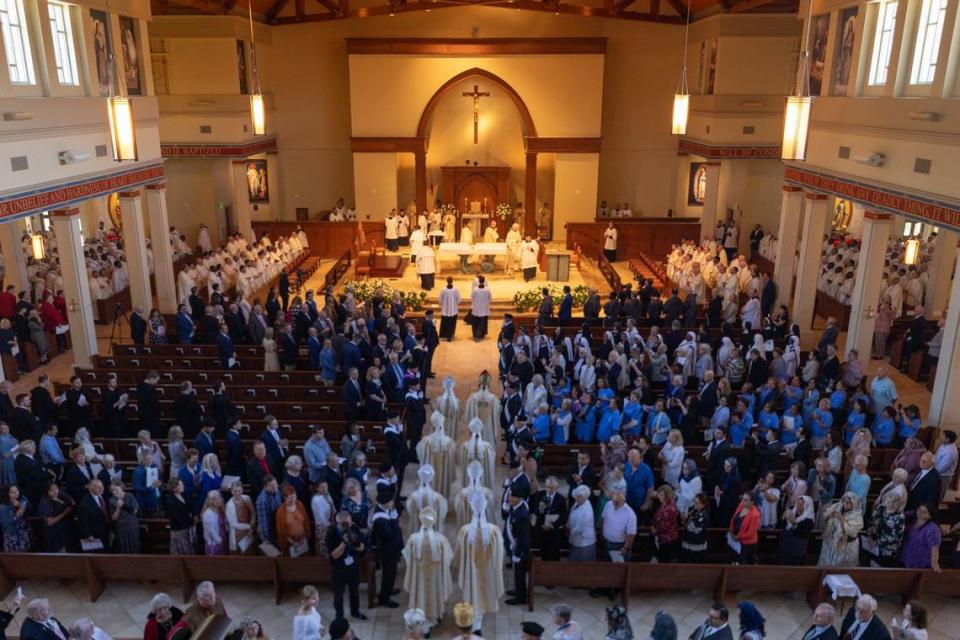 People, priests, bishops and a Cardinal gather at Saint Mark Catholic Church in Huntersville for bishop elect-Michael T. Martin’s ordination on Wednesday, May 29, 2024.