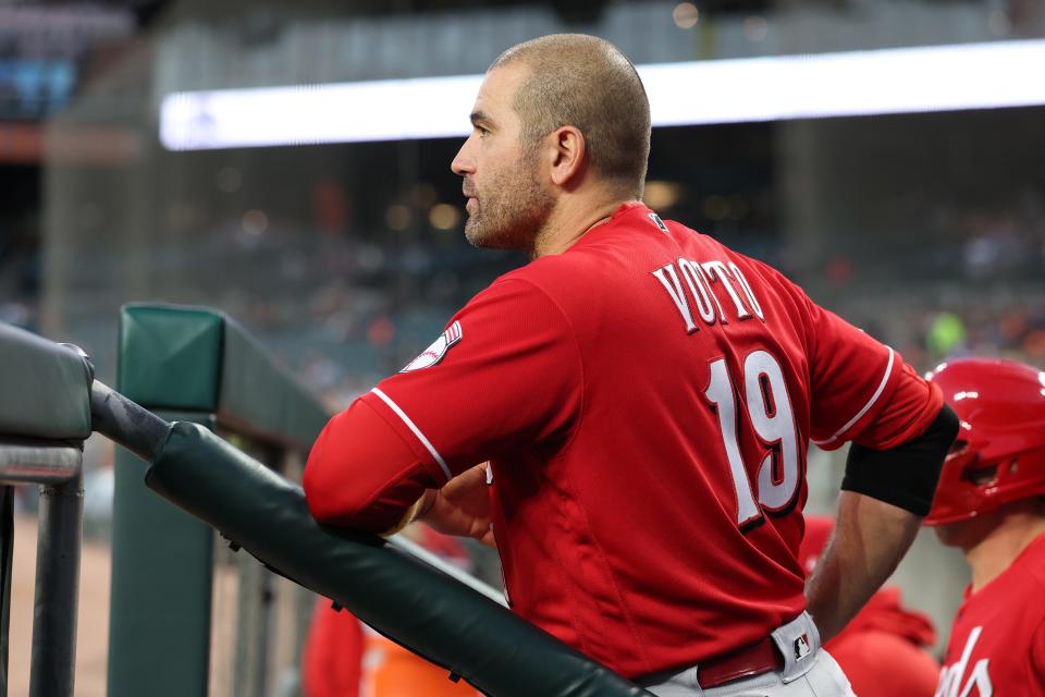Joey Votto #19 of the Cincinnati Reds looks on in the fourth inning while playing the Detroit Tigers at Comerica Park on Sept. 13, 2023.
