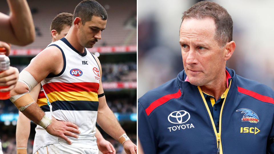 Taylor Walker, pictured left, leaves field after Adelaide's most recent loss, heaping pressure on coach Don Pyke, pictured right.