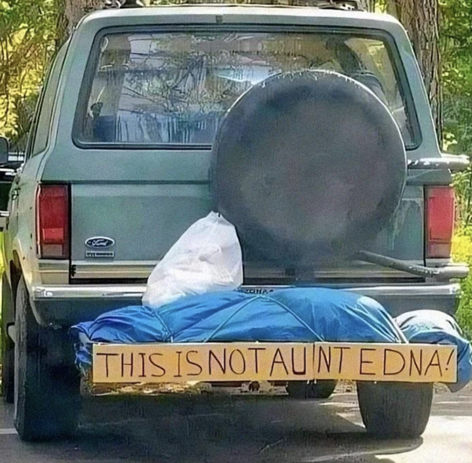 Rear of a vehicle with a tightly wrapped object on a roof rack.  A sign says, "THIS IS NOT AUNT EDNA!"