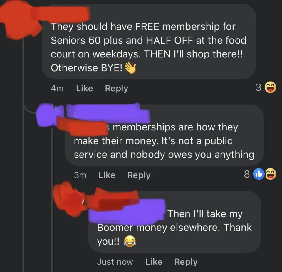 A social media exchange discussing free membership for seniors. One user argues for it, while another states memberships support the service and nobody owes anything