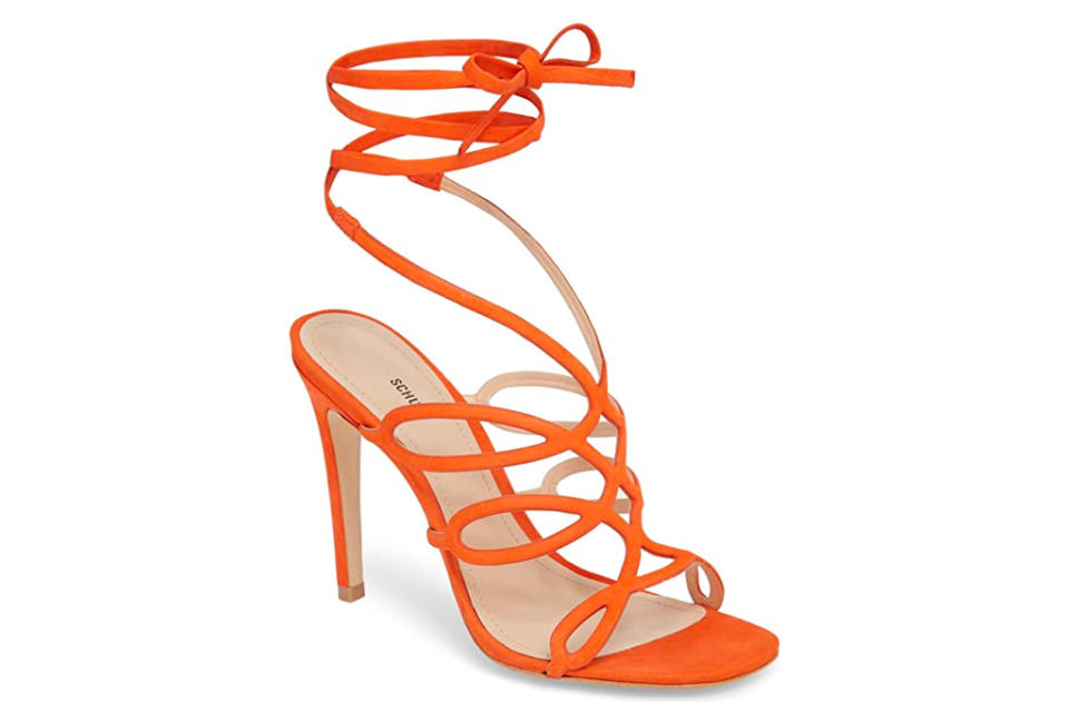 orange heels, wrap, schutz