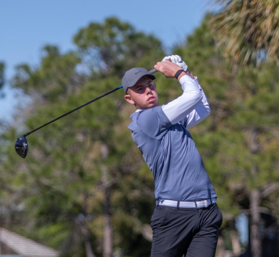 Eastern Florida State College golfer Matt Gauntlett of the U.K. tees off during a recent tournament.