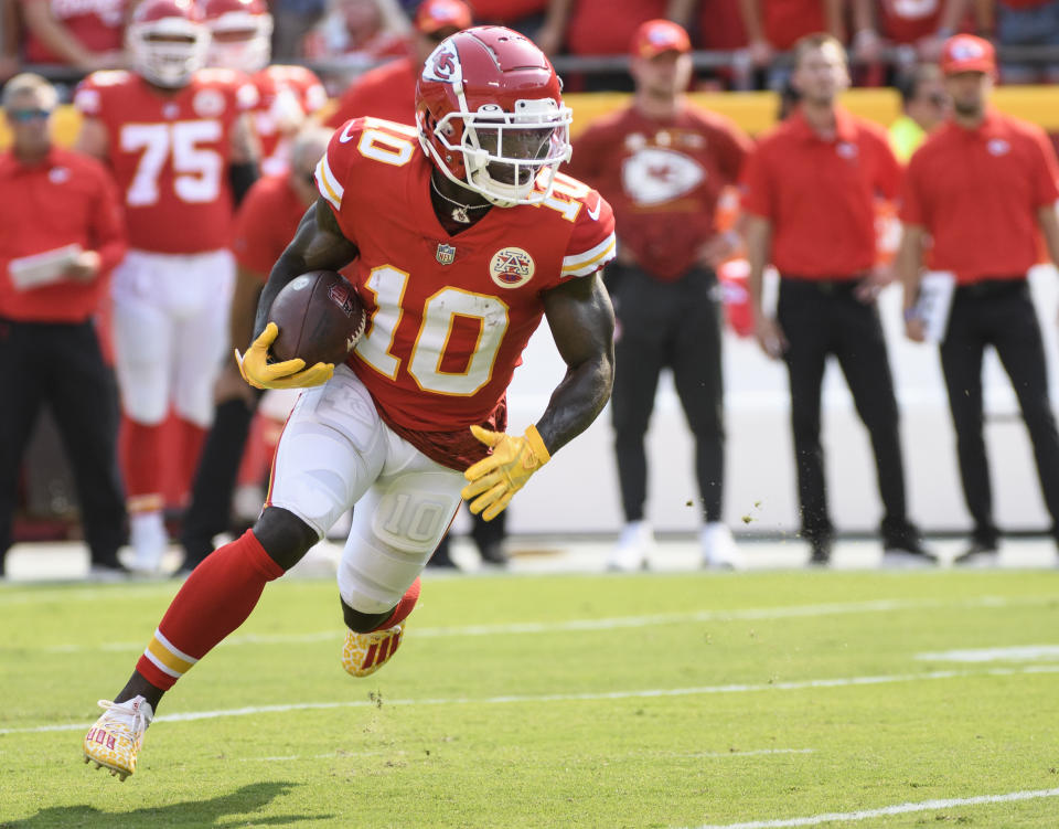 Receiver Tyreek Hill and the Chiefs have been very good, they just haven't covered the spread that often lately. (AP Photo/Reed Hoffmann)