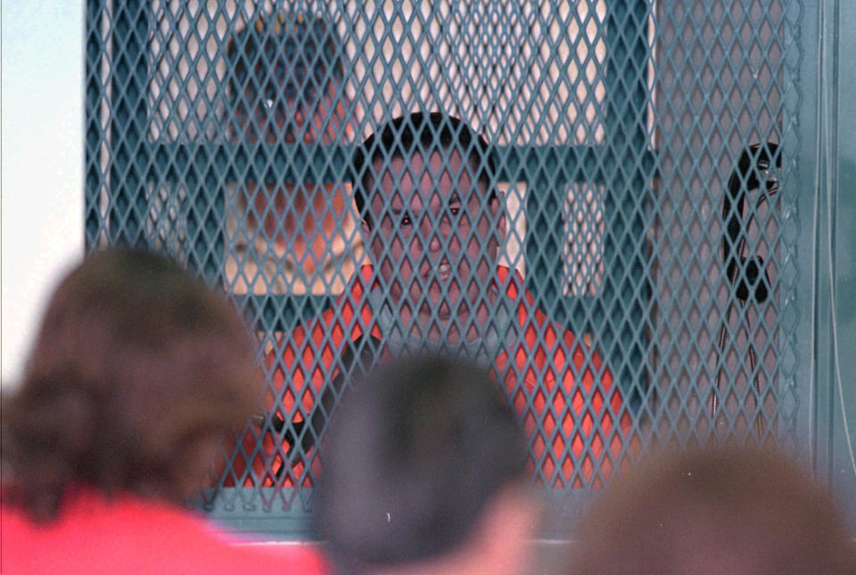 FILE - In this March 2, 1999, file photo, death-row inmate Walter LaGrand addresses the Arizona Board of Executive Clemency at the state prison in Florence, Ariz. LaGrand, the last person in the United States to be put to death in a gas chamber, was executed the next day. As it aims to resume executions after a seven-year hiatus, Arizona has refurbished its gas chamber, where the nation's last lethal-gas execution was carried out more than two decades ago before the United States rejected the brutal nature of the deaths. (AP Photo/Ken Levine, File)