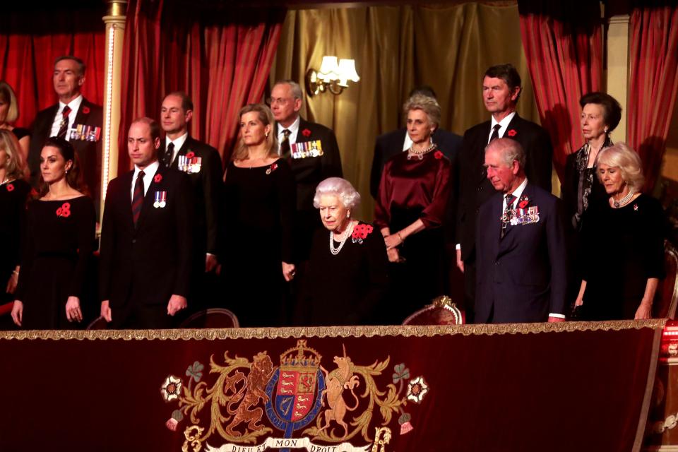 Queen Elizabeth II (C), with (L-R) Catherine, Duchess of Cambridge, Prince William, Duke of Cambridge, Prince Edward, Earl of Wessex, Sophie, Countess of Wessex, Birgitte, Duchess of Gloucester, Sir Tim Laurence, Prince Charles, Prince of Wales, Princess Anne, Princess Royal and Camilla, Duchess of Cornwall attend the annual Royal British Legion Festival of Remembrance at the Royal Albert Hall in London on November 9, 2019. (Photo by Chris Jackson / POOL / AFP) (Photo by CHRIS JACKSON/POOL/AFP via Getty Images)