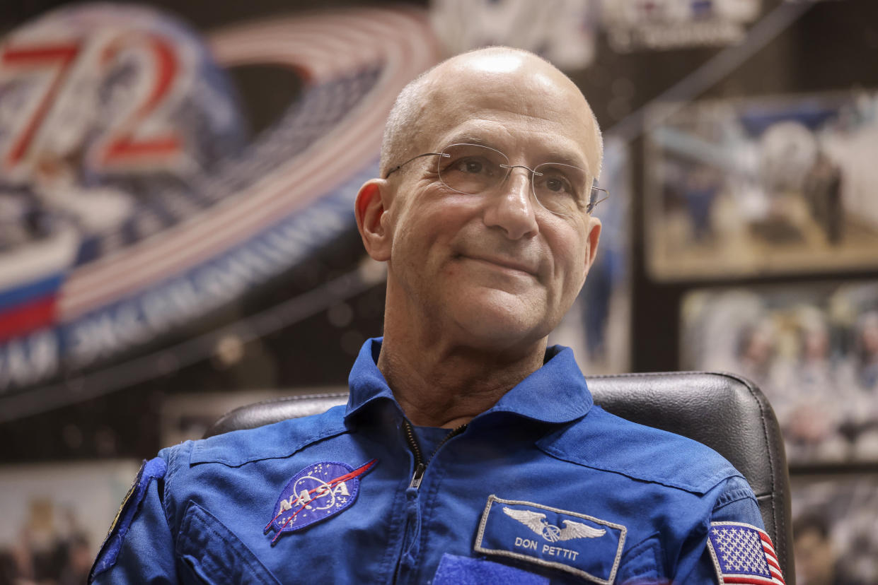 In this photo released by Roscosmos space corporation, NASA astronaut Don Pettit, Expedition 72 crew member to the International Space Station, ISS, attends a news conference on the eve of the launch in the Russian leased Baikonur cosmodrome, Kazakhstan, Tuesday, Sept. 10, 2024. (Ivan Timoshenko, Roscosmos space corporation, via AP)