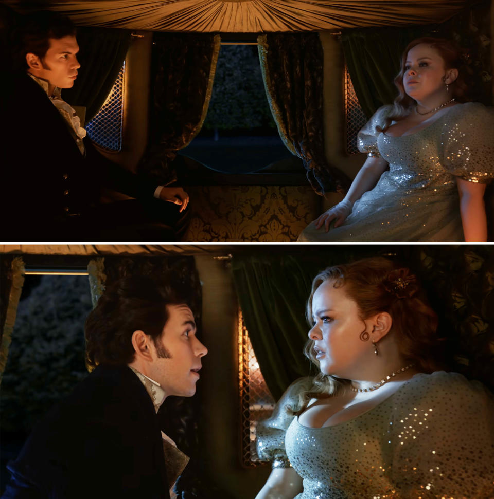 Luke Newton and Nicola Coughlan, in period costumes, sit opposite each other in a dimly lit carriage scene from Bridgerton