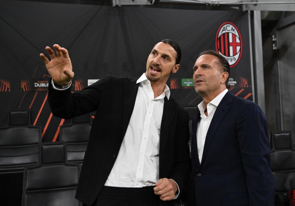 MILAN, ITALY - APRIL 11: AC Milan owner Gerry Cardinale and Zlatan Ibrahimovic attend the UEFA Europa League 2023/24 Quarter-Final first leg match between AC Milan and AS Roma at Stadio Giuseppe Meazza on April 11, 2024 in Milan, Italy. (Photo by Claudio Villa/AC Milan via Getty Images)