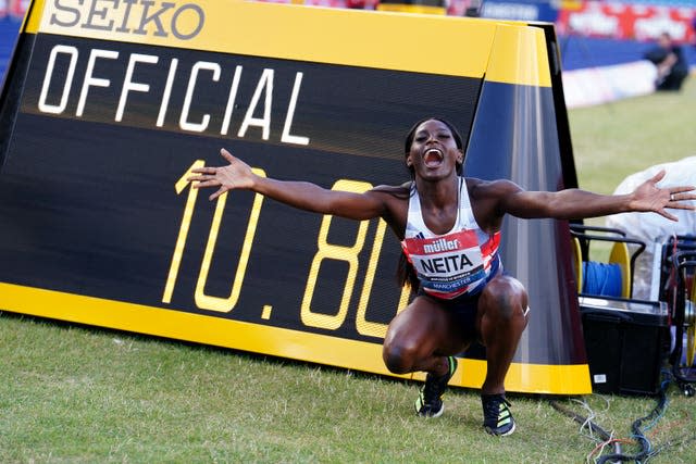 Daryll Neita celebrates her 100m win