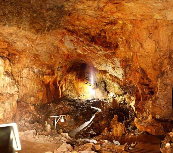 A giant cave called Alepotrypa that might have helped serve as the inspiration for the mythic ancient Greek underworld Hades may have supported complex settlements in its heyday. Here, the cave's main chamber.