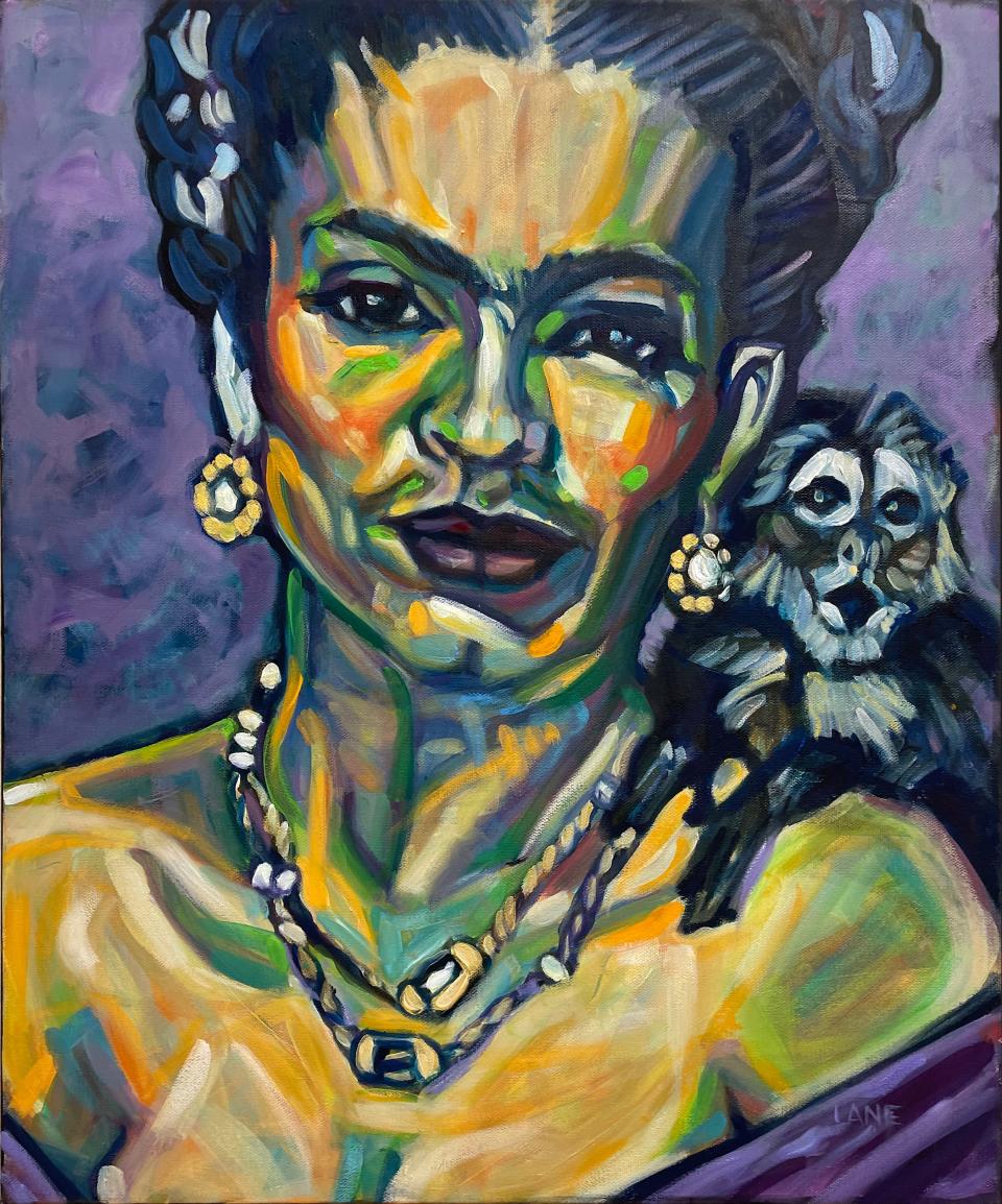 Beck Lane’s “Frida Kahlo No. 12,” one of dozens of portraits she is creating, features the image of one of Kahlo’s famous spider monkeys.