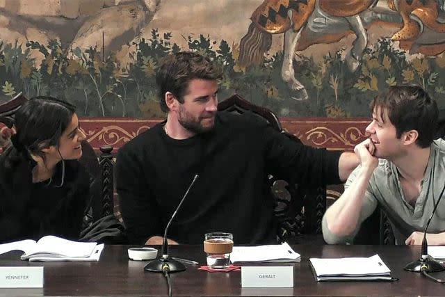 <p>The Witcher/Twitter</p> Anya Chalotra, Liam Hemsworth, and Joey Batey at 'The Witcher' season 4 table read