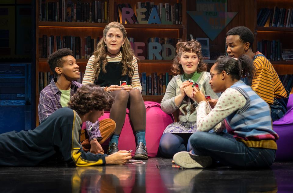 Kimberly (Victoria Clark, center) is 16 going on 60 in Broadway's "Kimberly Akimbo." Here, she sits with classmates played by Michael Iskander, left, Justin Cooley, Nina White, Olivia Hardy and Fernell Hogan.