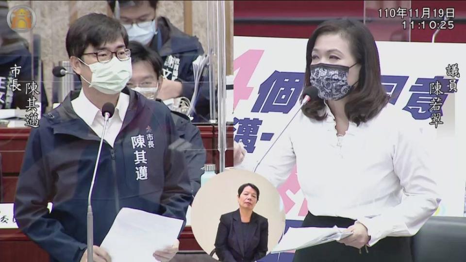 高雄市議員陳若翠在市政總質詢中炮火四射，針對城中城究責、善後及台積電在高雄設廠的遠慮、近憂，轟得市長陳其邁險些招架不住。　（記者吳文欽攝）