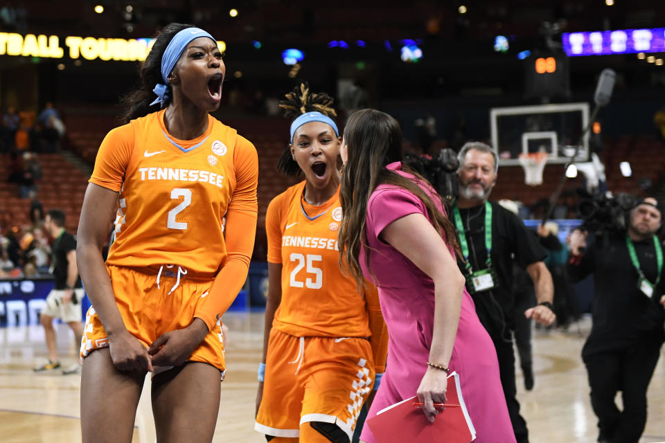 GREENVILLE, SOUTH CAROLINA - MARCH 04: Rickea Jackson #2 and Jordan Horston #25 of the Tennessee Lady Vols celebrate their win over the LSU Lady Tigers during the semifinals of the SEC Women's Basketball Tournament at Bon Secours Wellness Arena on March 04, 2023 in Greenville, South Carolina. (Photo by Eakin Howard/Getty Images)