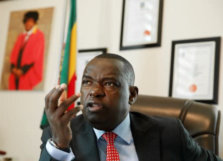 Minister of Foreign Affairs Sibusiso Moyo speaks to Reuters at his office in Harare