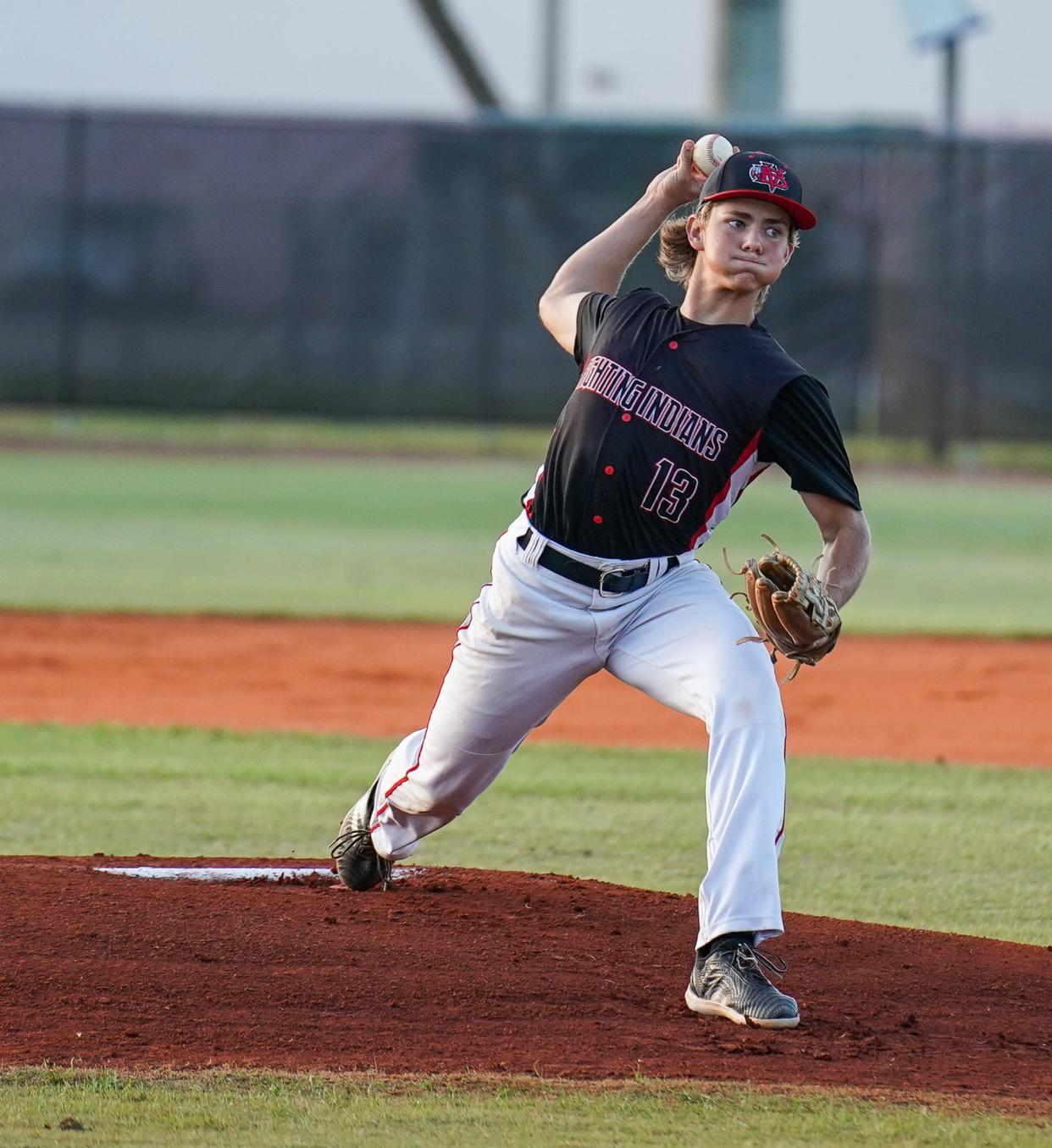 Vero Beach's Sebastian Dimitroff fires a pitch in the first inning against Treasure Coast during the District 10-7A championship baseball game on Thursday, May 2, 2024 at Vero Beach High School.