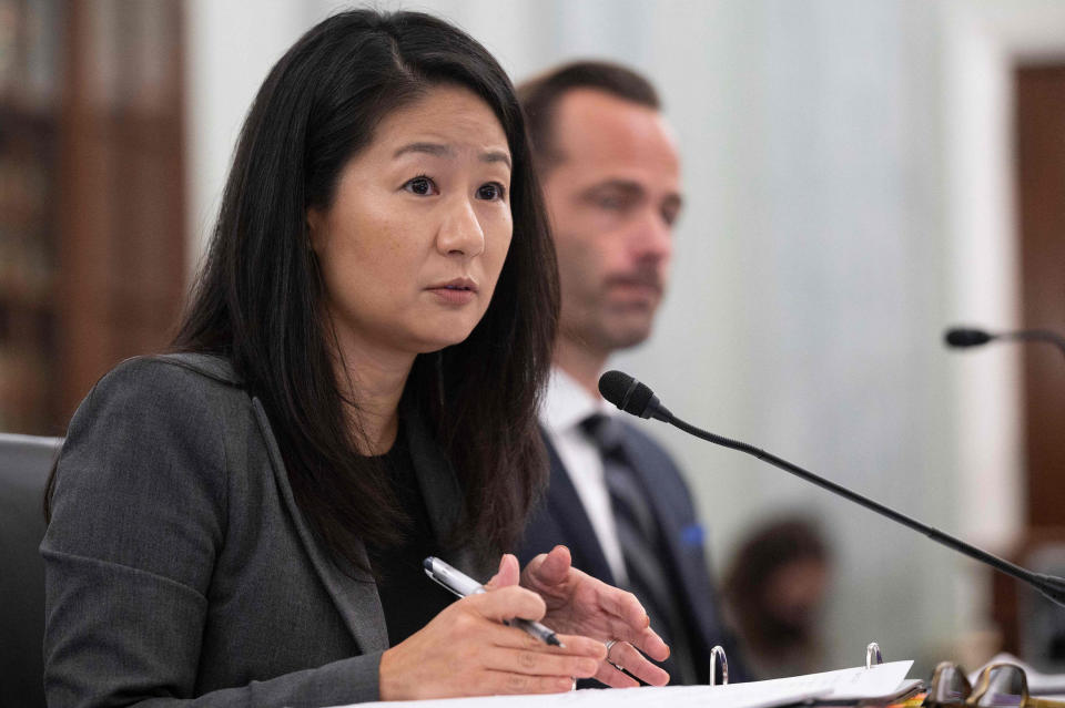 Image: Snapchat Vice President of Global Public Policy Jennifer Stout testifies on Capitol Hill, on Oct. 26, 2021. (Jim Watson / AFP - Getty Images)