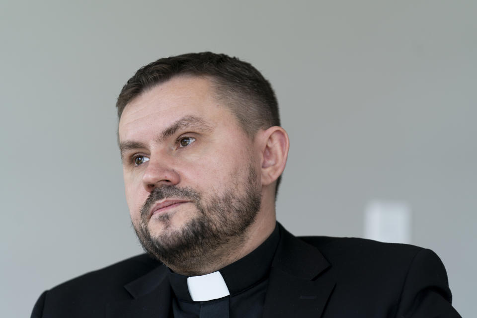 Bishop Ivan Rusyn speaks about his experience as an evangelical Christian living in Ukraine during an interview with the Associated Press, Monday, Oct. 30, 2023, at the U.S. Institute of Peace in Washington. (AP Photo/Stephanie Scarbrough)