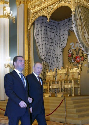 Russia's outgoing President Dmitry Medvedev (left) with his mentor and successor, Prime Minister Vladimir Putin in the Moscow Kremlin, on April 24. Putin and Medvedev are to host Li Keqiang, the man predicted to become the next premier of China, for politcal and economic talks