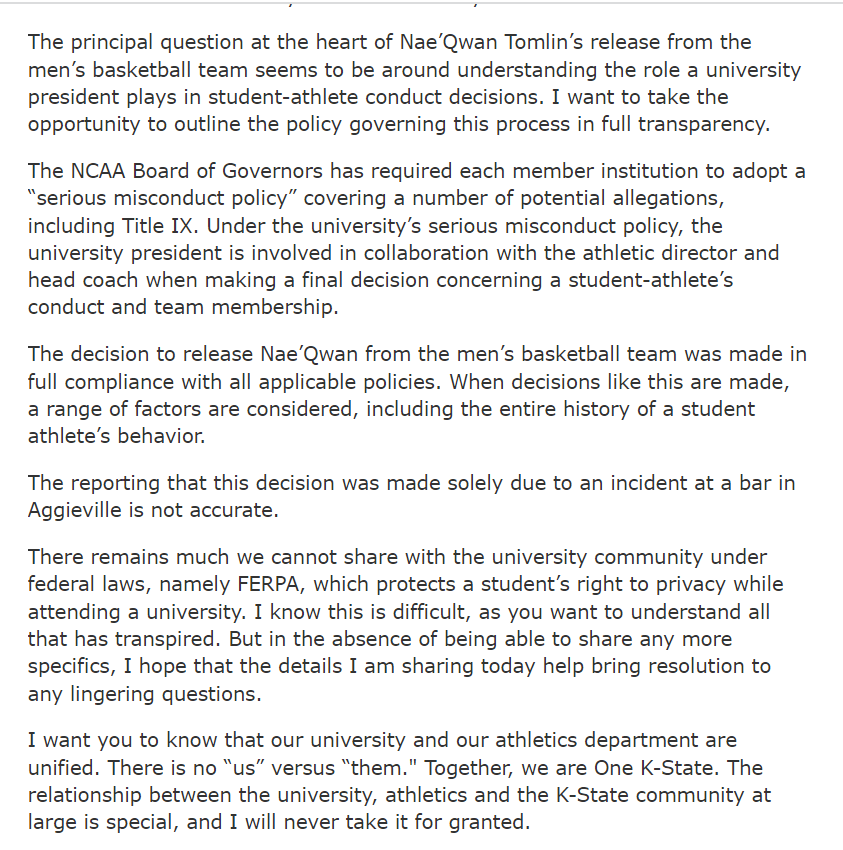 A portion of Kansas State University president Richard Linton's letter addressing the dismissal of Nae'Qwan Tomlin from the basketball team.