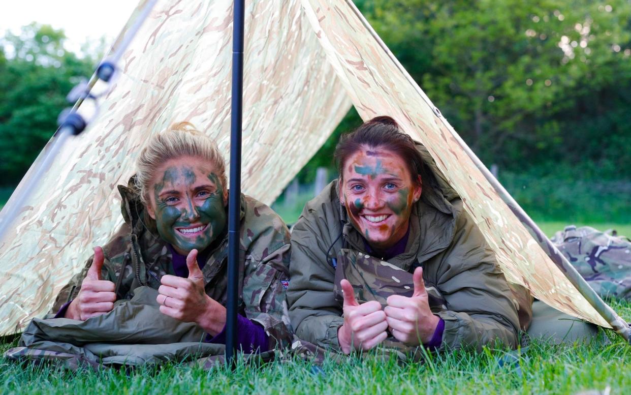 Jade Moore and Steph Houghton during their day with the Royal Marines  - Lynne Cameron for The FA