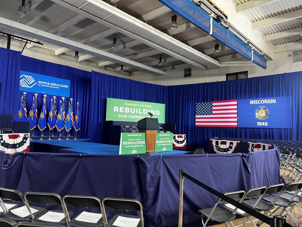 The stage is set for President Joe Biden's visit to the Pieper-Hillside Boys & Girls Club on West Cherry St. in Milwaukee.