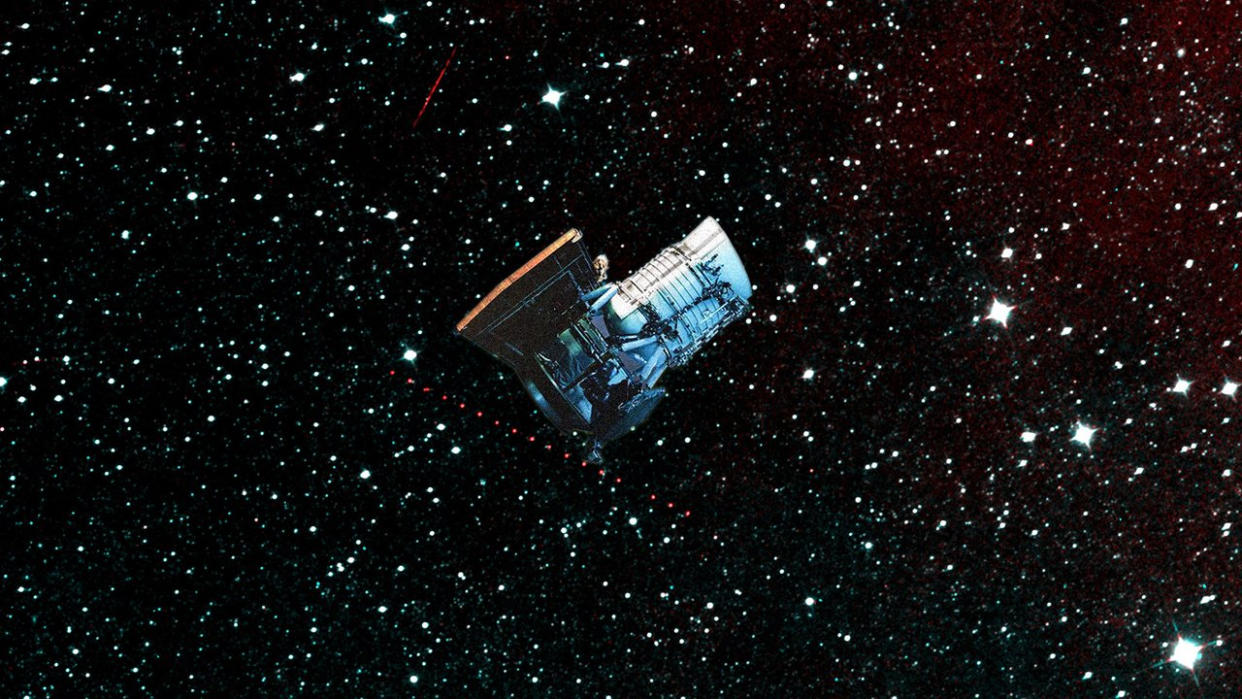  NEOWISE is depicted in an artist’s concept in front of an image of the infrared sky that the mission captured. The string of red dots moving across the sky near the center of the image is Holda, the first asteroid the space telescope detected shortly after being reactivated in 2013. 