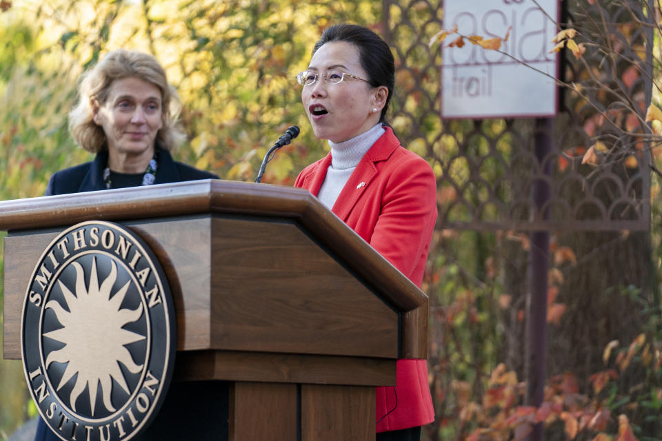 Minister of the Chinese Embassy Xu Xueyuan, center, speaks to media during the transportation of three giant pandas to China, Wednesday, Nov. 8, 2023.(AP Photo/Stephanie Scarbrough)