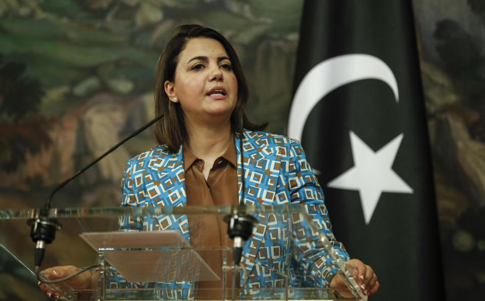 Libyan Foreign Minister Najla Mangoush speaks during a joint news conference with Russian Foreign Minister Sergey following their talks in Moscow, Russia, Thursday, Aug. 19, 2021. (Maxim Shipenkov/Pool Photo via AP)