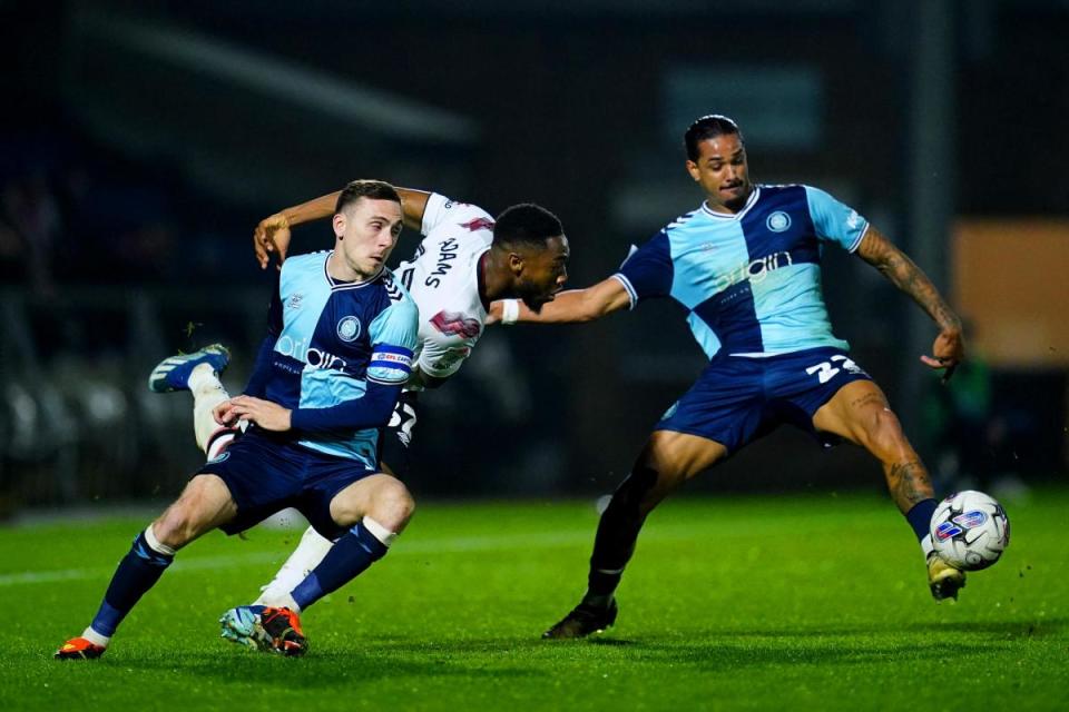 Nigel Lonwijk (pictured against Derby County) scored the winner for Wycombe as the Chairboys defeated Port Vale 2-1 on April 16 (PA)