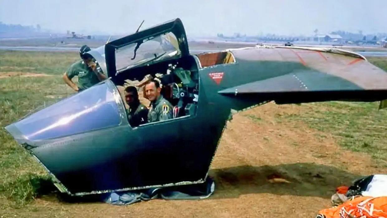 Maj. Sandy Marquardt, Capt. Joe Hodges sit in the escape module of their F-111A