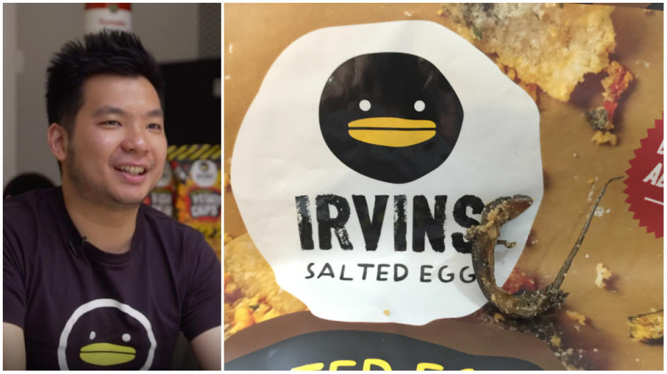 Irvins Salted Egg’s CEO, Irvin Gunawan, personally sent emails to two customers in August 2018 apologising for dead lizards found in products they bought. Right: A dead lizard found in a bag of salted egg fish skin bought by Jane Holloway in Bangkok. (PHOTOS: Screenshot from SCMP video, Decha Holloway)