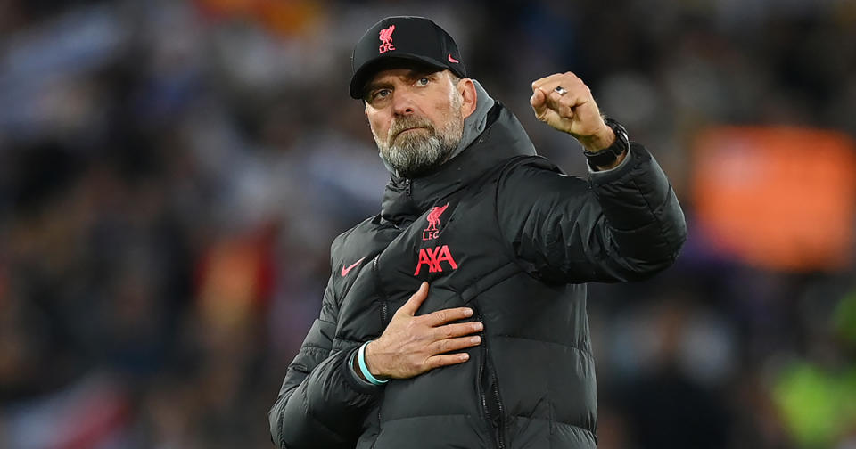   Liverpool manager Jurgen Klopp salutes the fans after the UEFA Champions League round of 16 leg one match between Liverpool FC and Real Madrid at Anfield on February 21, 2023 in Liverpool, England. 