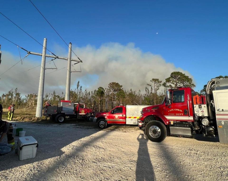 Firefighters and police were among at least eight agencies dispatched to a call alerting of a brush fire Wednesday afternoon. The 10-acre fire was 75% contained by Thursday morning, Cape Coral Fire said.