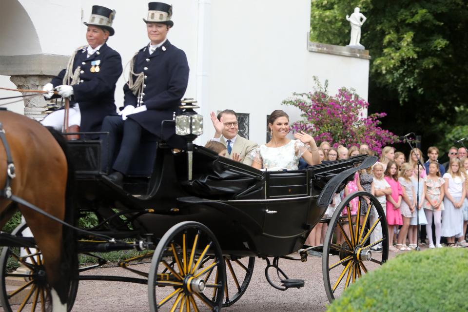Prince Daniel of Sweden and Crown Princess Victoria of Sweden leave for a procession through the town in a horse carriage to celebrate Crown Princess Victoria of Sweden's 45th birthday on July 14, 2022 in Oland, Sweden.