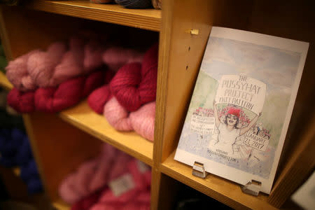 Yarn bundles are seen on the shelf as knitters take part in the Pussyhat social media campaign to provide pink hats for protesters in the women's march in Washington, D.C., the day after the presidential inauguration, in Los Angeles, California, U.S., January 13, 2017. REUTERS/Lucy Nicholson