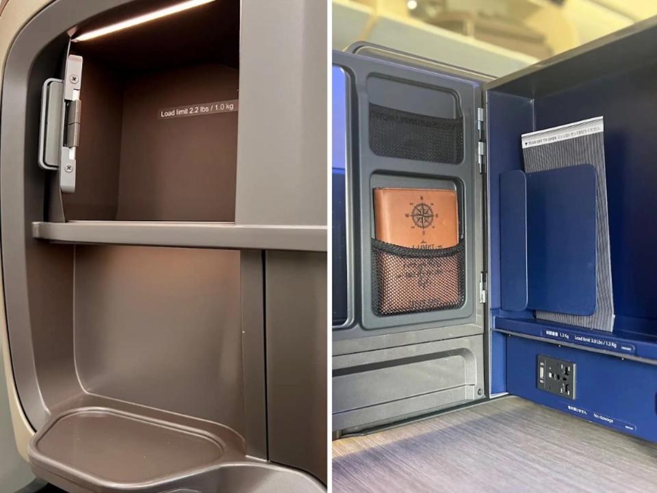 A photo collage with a picture of a brown cubby and shelf on Singapore's seat next to a picture of a blue and gray cubby on ANA's seat.