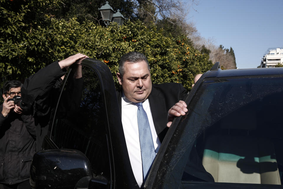 Greek Defense Minister Panos Kammenos, leaves Maximos mansion following a meeting with Greece's Prime Minister Alexis Tsipras, in Athens, Sunday, Jan. 13, 2019. Greek defense Minister Kammenos, leader of the right-wing populist Independent Greeks party, is vehemently opposed to a deal with neighboring Macedonia over its state name. (AP Photo/Yorgos Karahalis)